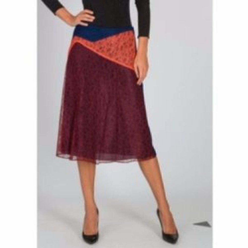 Tory Burch KAISA Blue/Cranberry/Apricot Colorblock Lace Skirt. Size 10. EUC!